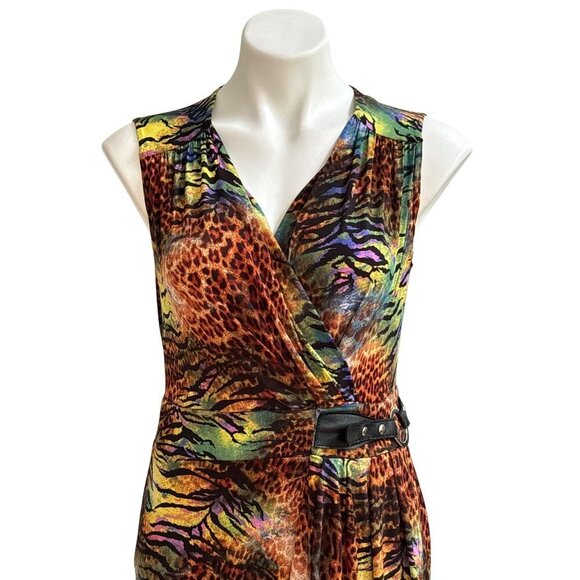 Joseph Ribkoff Multicolor Animal Print Sleeveless Faux Wrap Dress Belt Size 8 - Picture 2 of 10